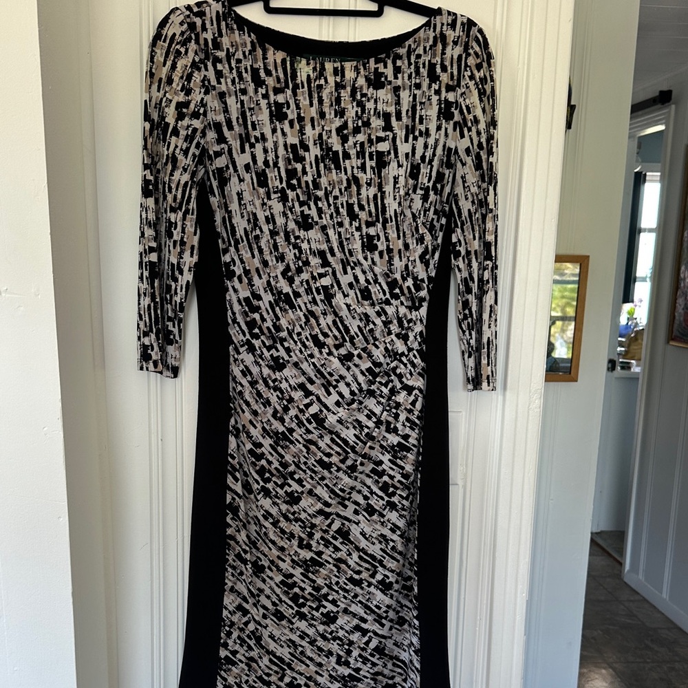 Lauren Ralph Lauren Black and Cream Patterned Long-Sleeve Sheath Dress